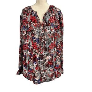 Floral Print Blouse Top Womens 3X Red Blue Tie Neck Tunic Shirt Boho Peasant Hip